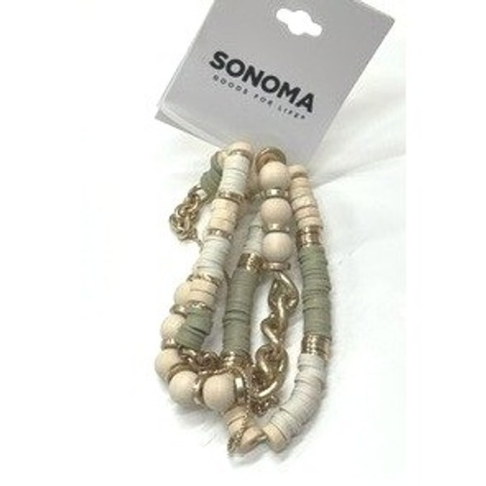 Sonoma Goods For Life Gold Tone Sage Green Cream Wood Bead Multi Strand Necklace